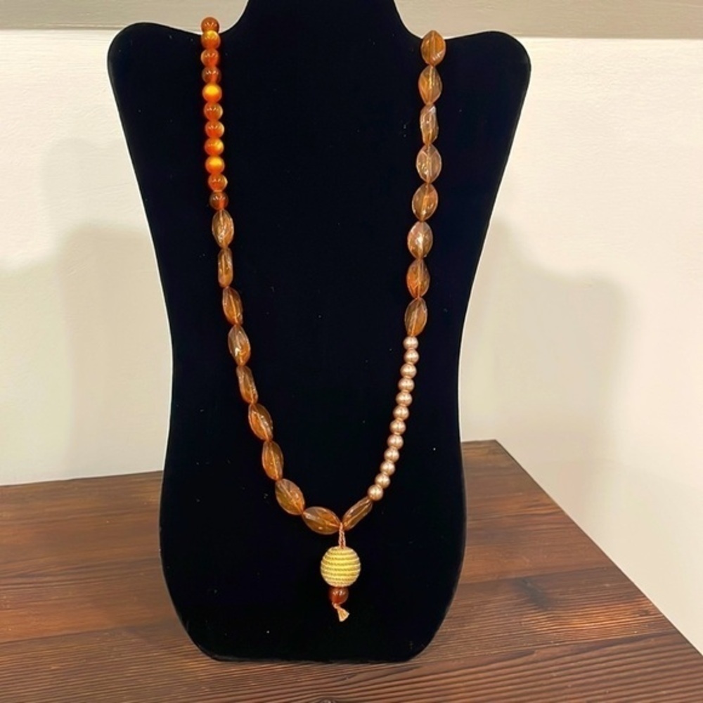 Brown beaded and neutral faux pearl necklace 34” length